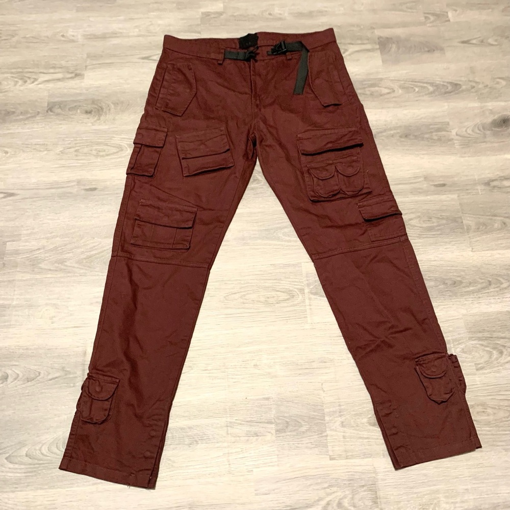BT Battle Tested Mens Tactical Cargo Pants Burgundy Maroon Buckle Belt
